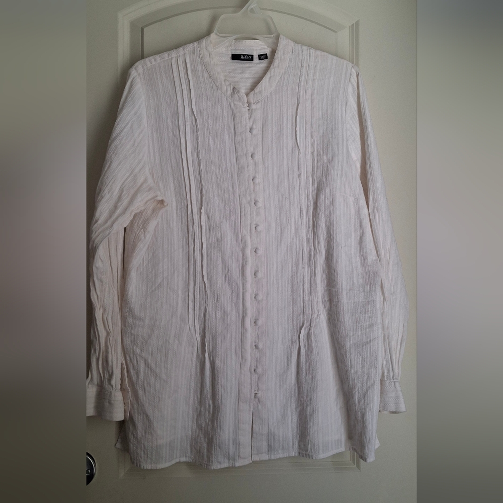 Ana Cotton Sz XL Cream Ruffled Open Collar Womens Shirt Lagenlook Boho‎ Neutro